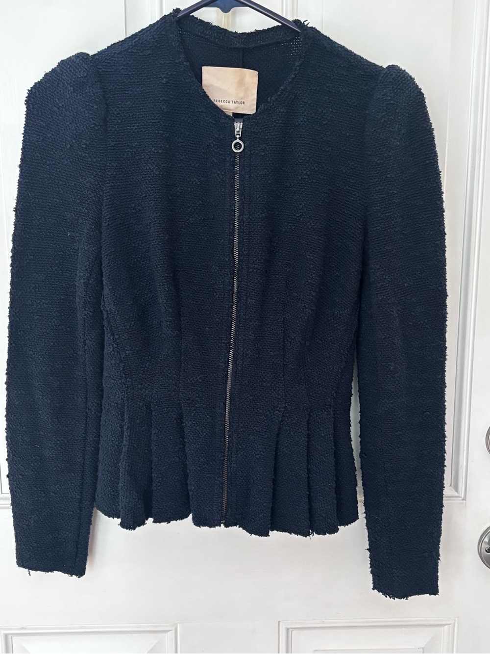 Rebecca Taylor Navy Bouclé Peplum Jacket Stretch Zip Front Textured Blazer Sz 2